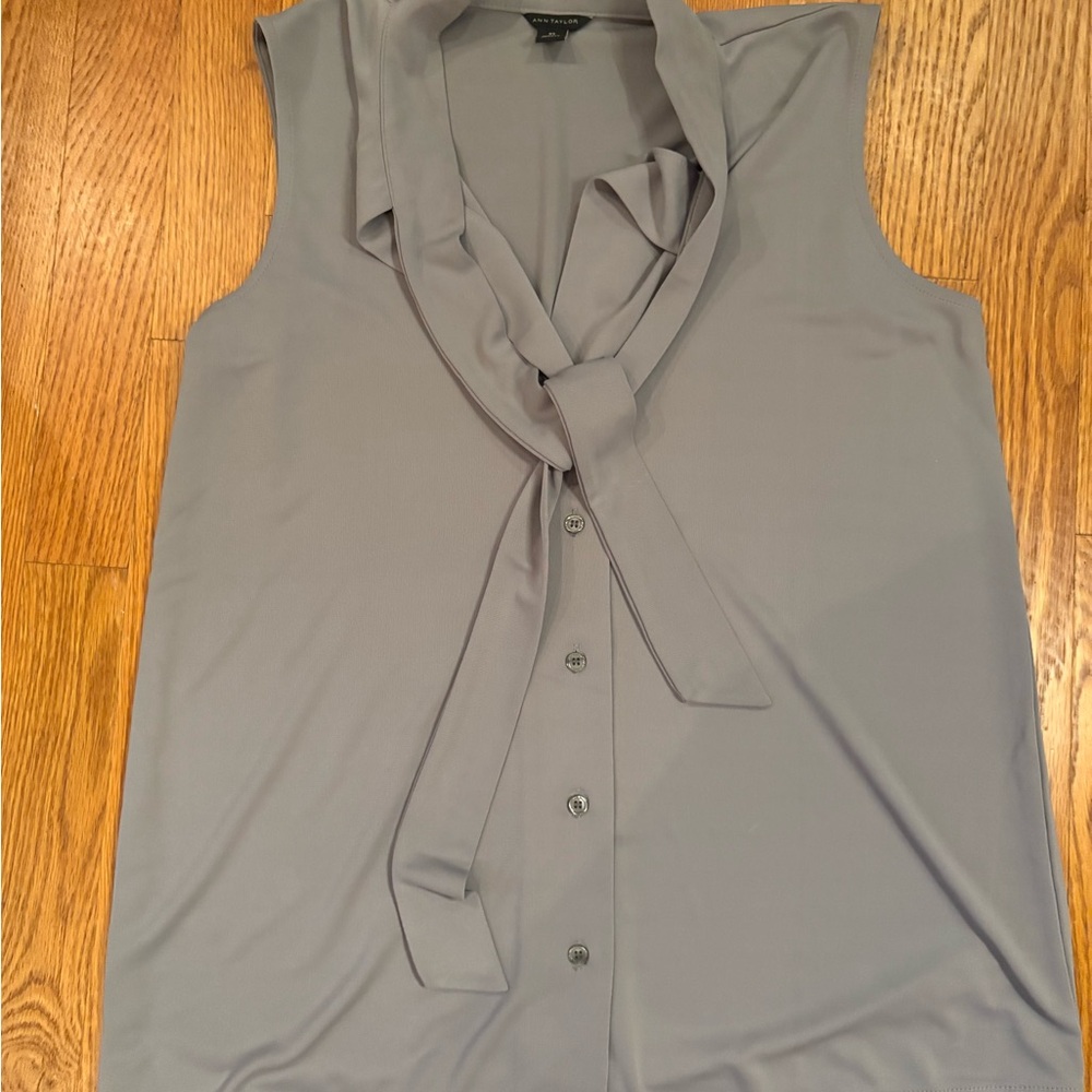 Ann Taylor Gray Button-Down Blouse with Tie Neck